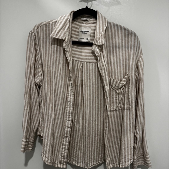 Abercrombie & Fitch Oversized Linen Blend Shirt Brown Stripe, Step Hem, Size XS - Picture 2 of 4
